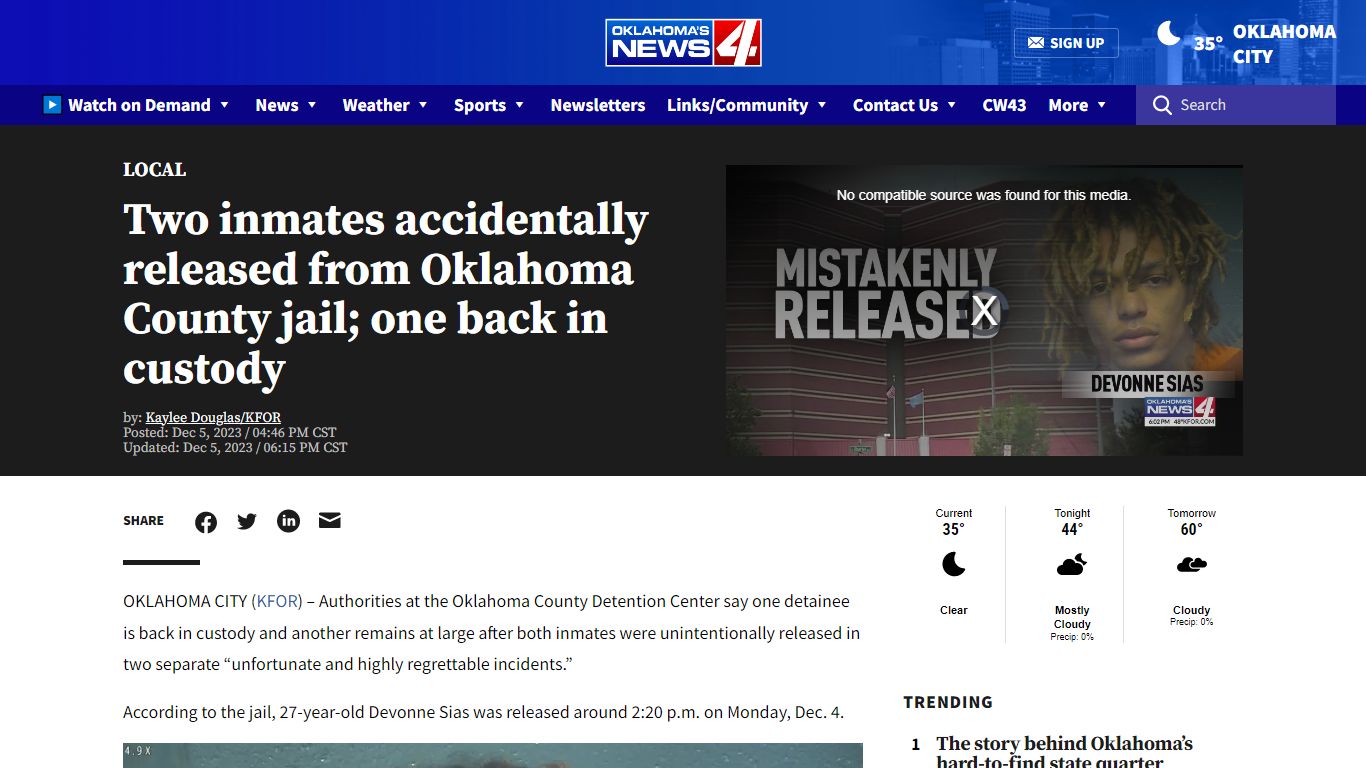Two inmates accidentally released from Oklahoma County jail; one back ...